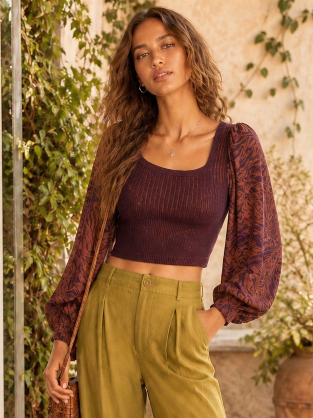 NWT Current Air Anthropologie Puff Sleeve Knit Top in Purple and Rust, Size XS